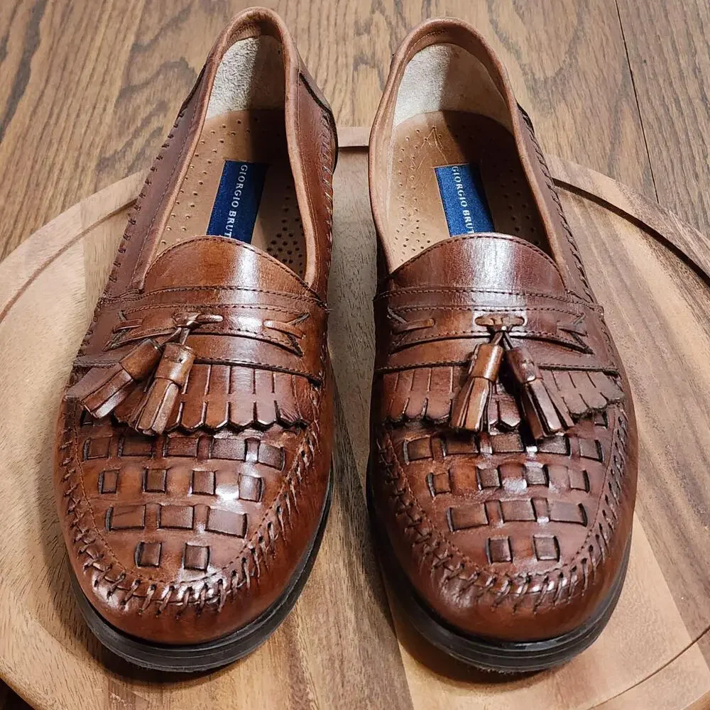 Giorgio Brutini Shoes Mens Size 10 Brown Leather Tassel Woven Slip On Dress
